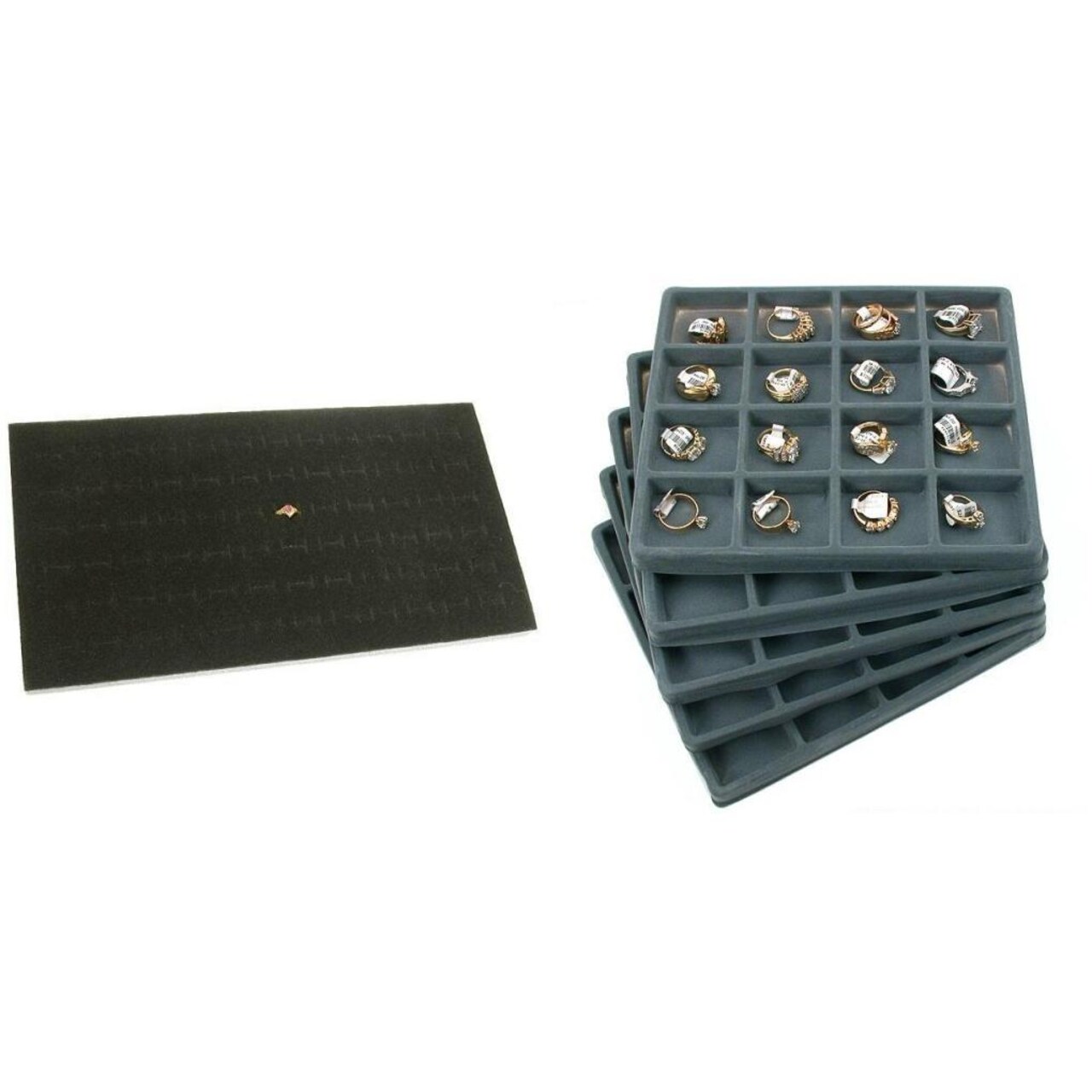 Black 72 Slot Jewelry Ring foam & Gray 16 Slot Flocked Tray Inserts Kit 6 Pcs
